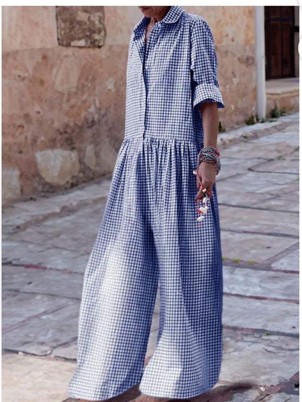 Blue Gingham Wide-Leg Jumpsuit - size 14